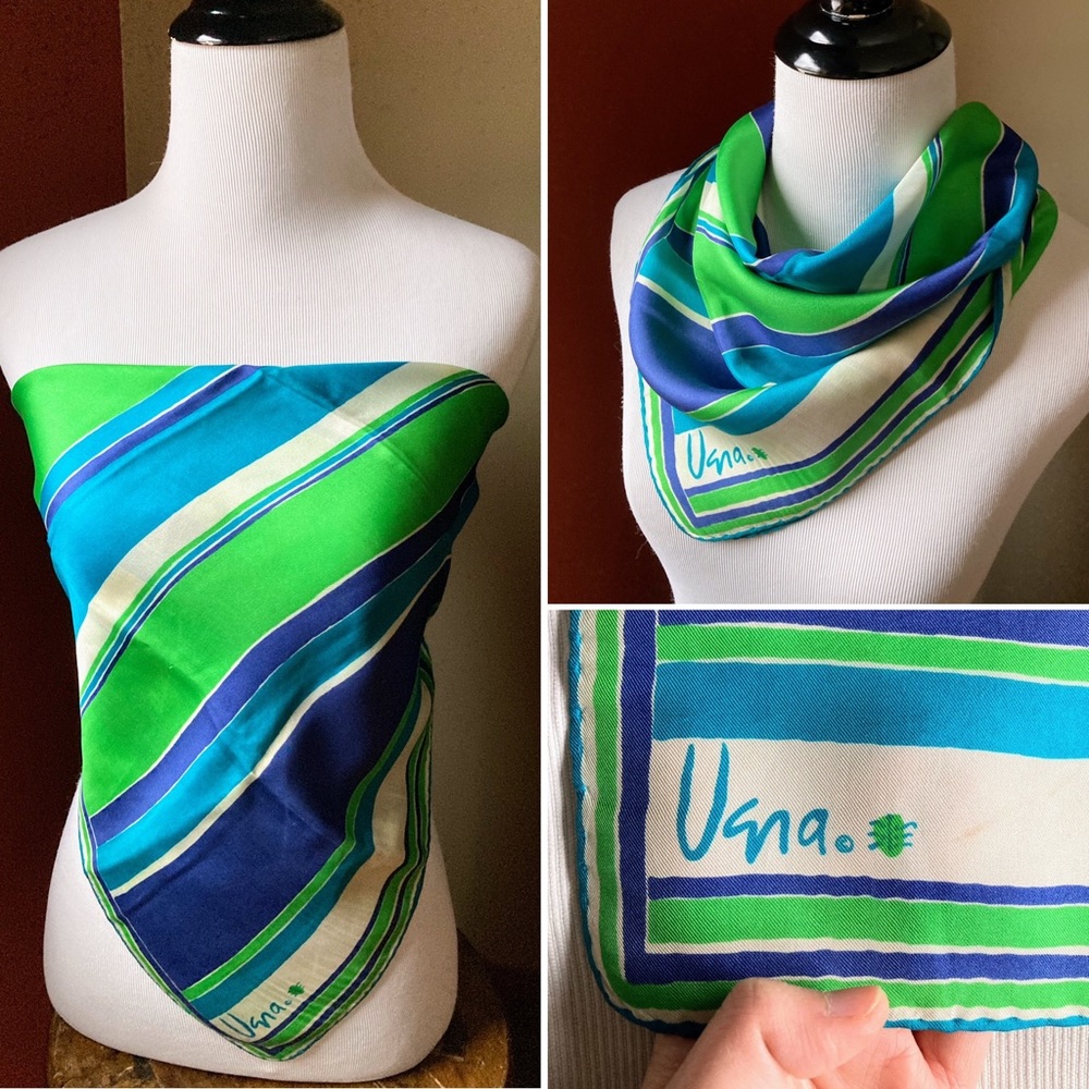 Vintage Vera Neumann Silk Ladybug Logo Blue Green Stripes Square Scarf 26”x26”